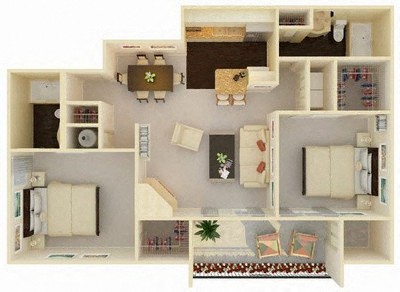 Floor plan for 2 beds, 2 baths, 905 sqft